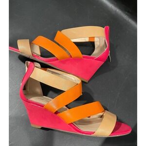 Nine West‎ Wedge Sandals Women's 7.5M Fuchsia Orange Tan Strappy Zip